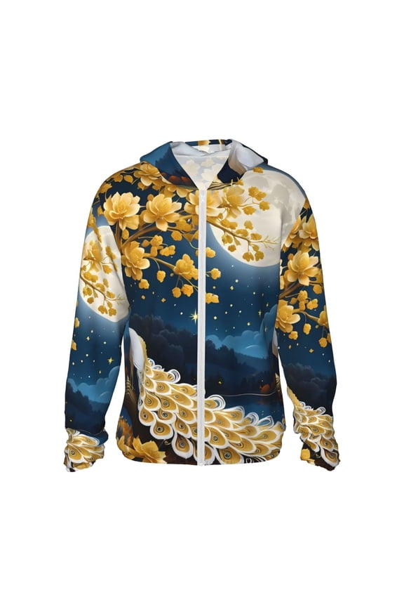 Moonlit Golden Tree Peacock Print Women Men Sun Protection UPF 50+ Jackets Zip Up Long Sleeve Hoodie Hiking Lightweight with Pockets