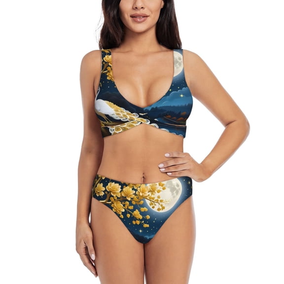 Kdxio Moonlit Golden Tree Peacock Print Women's 2 Piece High Waisted Wrap Spaghetti Strap Summer Swimsuit Bikini Set-Large