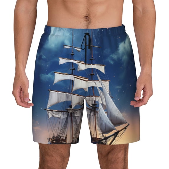 Kdxio Moonlit Night Sea Sailboat Print Men's Swim Trunks with Compression Liner 7 Inch Inseam Quick Dry Swim Shorts