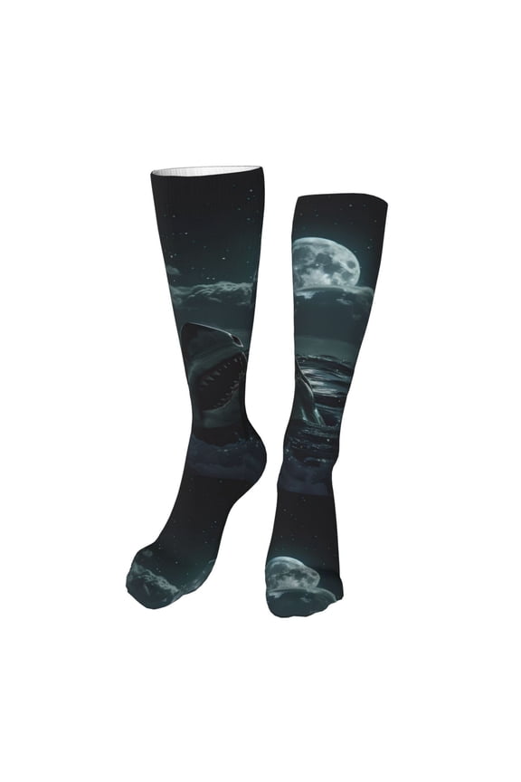 Moonlit Night Sky Shark Funny Silky Novelty Funky Long Knee High Socks Soft 3D Print Cosplay Crazy Stockings for Men Women