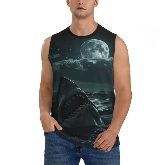 Kdxio Moonlit Night Sky Shark for Men's Muscle T-shirt,Sleeveless for Workout Running Athletic Gym Lounge Casual