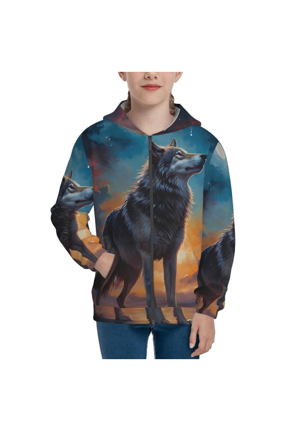 Moonlit Night Sky Wolf Pattern Kids Boys Girls Zip Up Hoodie 3D Printed Hooded Sweatshirt Hoody Coat with Pocket 7-12 Y-Small
