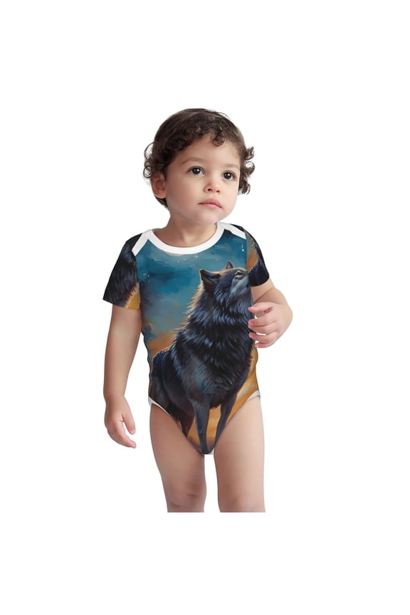 Moonlit Night Sky Wolf Pattern Unisex Baby Cotton Short Sleeve Bodysuits-6 Months