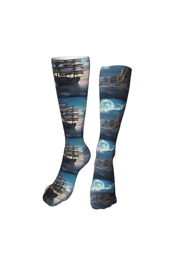 Moonlit Sea Sailboat Funny Silky Novelty Funky Long Knee High Socks Soft 3D Print Cosplay Crazy Stockings for Men Women