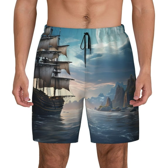 Kdxio Moonlit Sea Sailboat Print Men's Swim Trunks with Compression Liner 7 Inch Inseam Quick Dry Swim Shorts