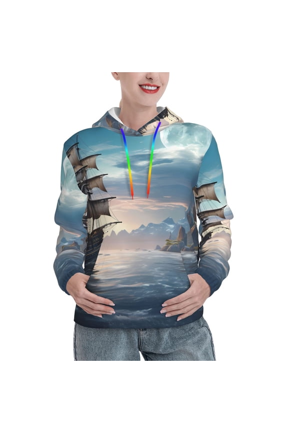 Moonlit Sea Sailboat Print Womens Oversized Hoodies Sweatshirts Hooded Pullover Tops Sweaters Casual-Medium