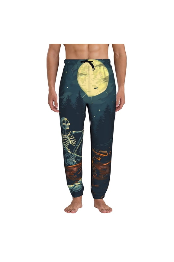 Moonlit Skeleton Campfire Pattern Joggers,Sweatpants for Men with Pockets-Medium