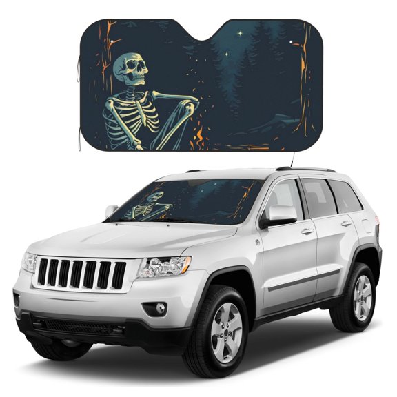 Kdxio Moonlit Skeleton Campfire Print Windshield Sun Shade, Foldable Sun Blocker for Car,Truck,SUV Automotive Interior Sun Protection,Reflective Shade for Front Windshield(Small)
