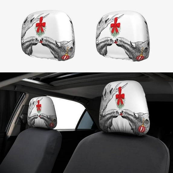 Kdxio Moose Kissing Under Mistletoe Pattern Print 2 Piece Car Head Rest Covers Set Auto Front/Rear Seats Headrest Cover Universal Fit Most Cars,Sedan, SUV