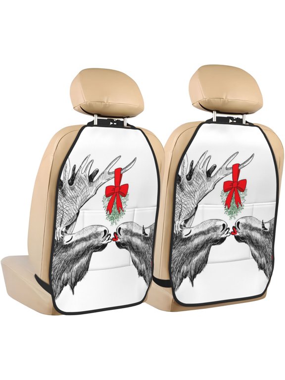 Moose Kissing Under Mistletoe Print 2 Pack Car Kick Mat Seat Cover Back Protector Mat with Pockets for Organizer Backseat Protector and Storage Anti Kick Pad for Vehicles