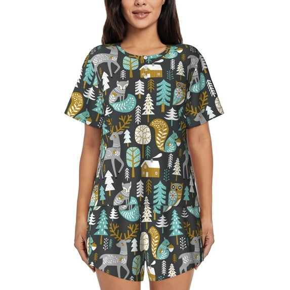 Kdxio Moose Squirrel owls tree Print Pajamas Sets for Women Short-Sleeved Pjs with Lounge Shorts Two Piece Sleepwear S-4XL