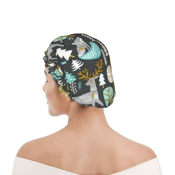 Kdxio Moose Squirrel owls tree Print Shower Cap for Women,Elastic and Reusable,Double Waterproof Layers Bathing Hat