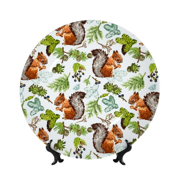 Kdxio Mosaic Forest Squirrel Bone China Decorative Plate Ceramic Decorative Plate for Home Office Wall Stand Decorative Plates for Home Bedroom-7in
