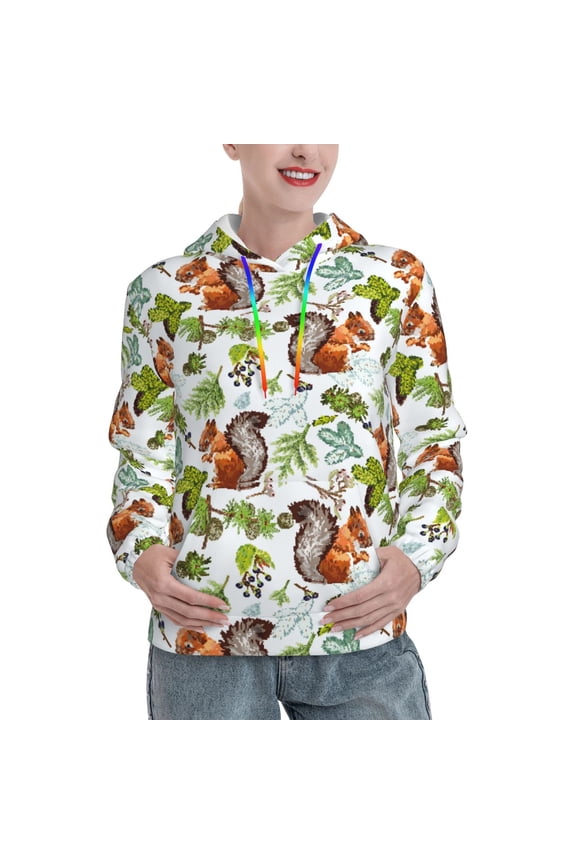 Mosaic Forest Squirrel Print Womens Oversized Hoodies Sweatshirts Hooded Pullover Tops Sweaters Casual-Large