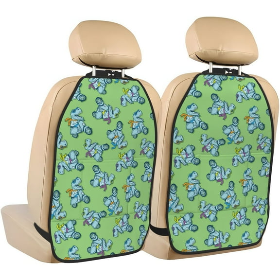 Kdxio Motorcycle Riding Dinosaur Print 2 Pack Car Kick Mat Seat Cover Back Protector Mat with Pockets for Organizer Backseat Protector and Storage Anti Kick Pad for Vehicles