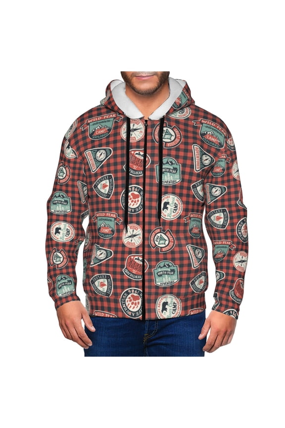 Mountain Adventure Badges Print Men Hoodies Casual Hoodies for Men with Zip Pockets Full Zip Long Sleeve Sweatshirt Sports Hooded Jacket-XX-Large
