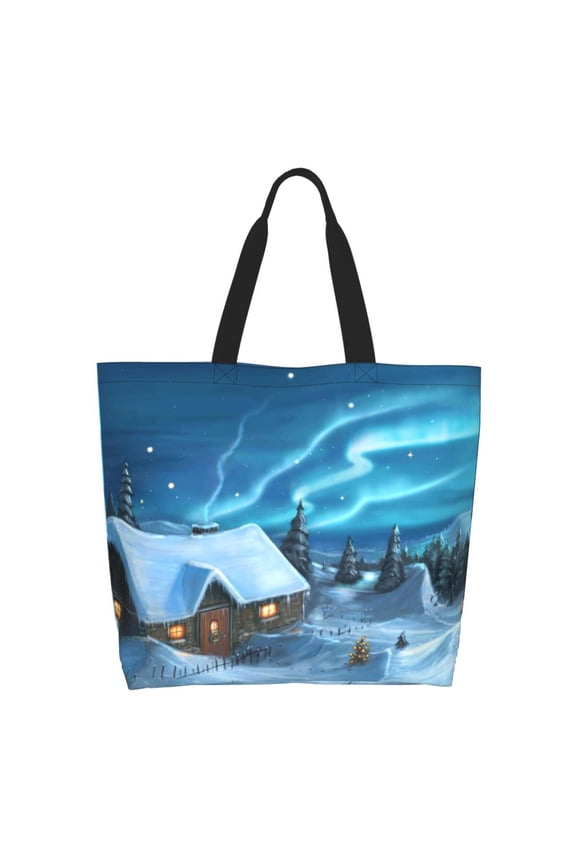 Mountain Cottage In Snow Casual Tote Bags Women Big Capacity Shoulder Bag for Women Travel Shoulder Bags Handbags