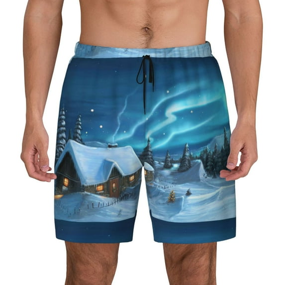 Kdxio Mountain Cottage In Snow Print Men'S Swim Trunks With Compression Liner 7 Inch Inseam Quick Dry Swim Shorts