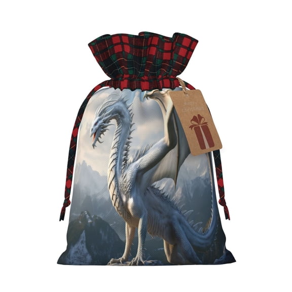 Kdxio Mountain White Dragon Christmas Drawstring Bags Xmas Buffalo Plaid Candy Bags Linen Treat Bags Christmas Gift Bags for Presents-Black