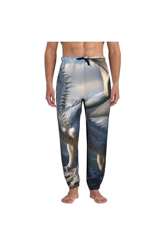Mountain White Dragon Pattern Joggers,Sweatpants for Men with Pockets-Large