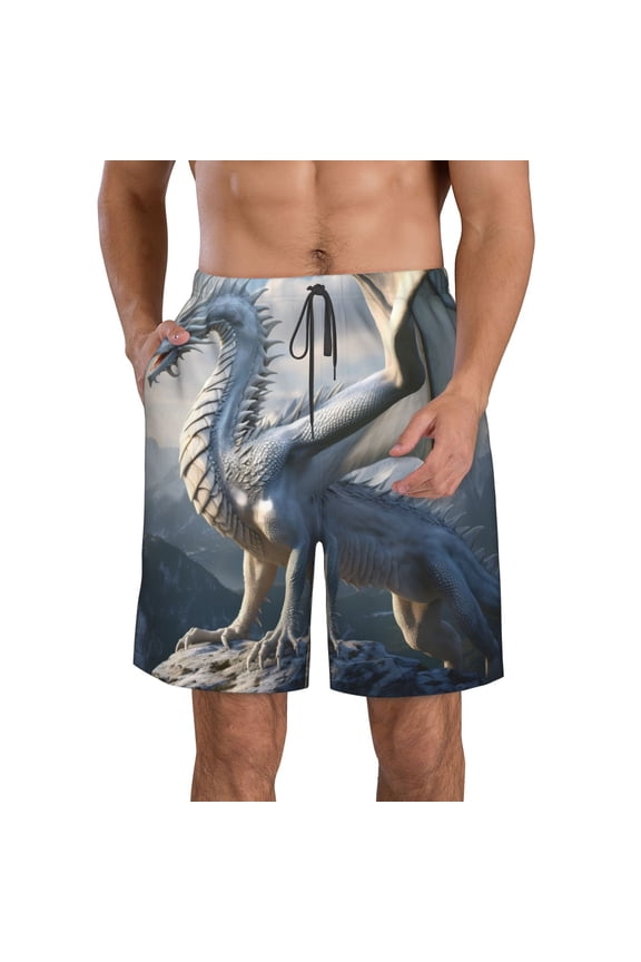 Mountain White Dragon Pattern Mens Casual Shorts - Drawstring Summer Beach Sports Shorts for Men