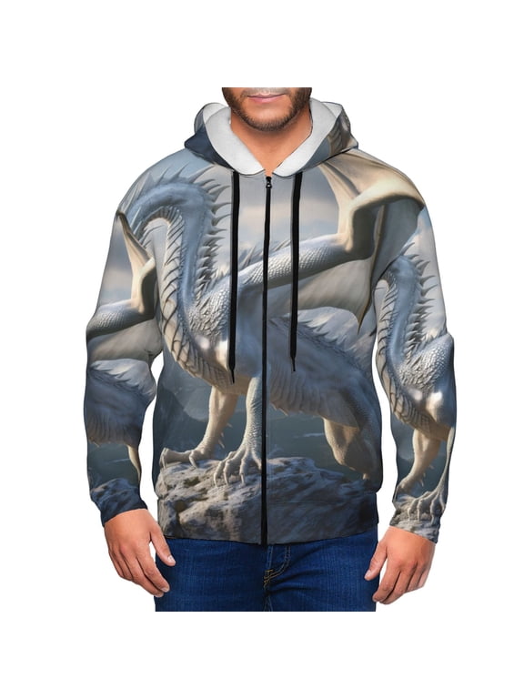 Mountain White Dragon Print Men Hoodies Casual Hoodies for Men with Zip Pockets Full Zip Long Sleeve Sweatshirt Sports Hooded Jacket-Large