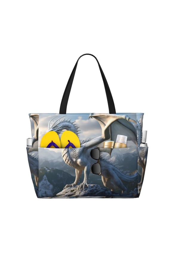 Mountain White Dragon for Beach Bag for Women Large Beach Tote Bag Waterproof Sandproof Swim Bag with Zipper Pockets Beach Vacation Travel