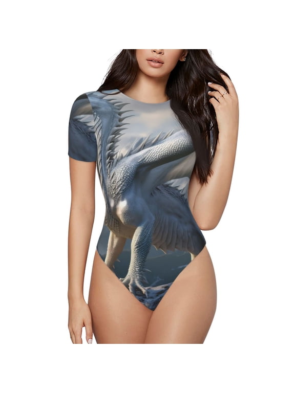 Mountain White Dragon for Women's Short-Sleeved Onesie Stylish Round Neck Pajamas Bodysuit Jumpsuit Nightwear-X-Large