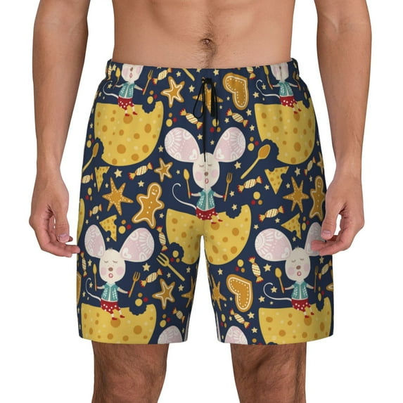 Kdxio Mouse Cheese Print Men's Swim Trunks with Compression Liner 7 Inch Inseam Quick Dry Swim Shorts