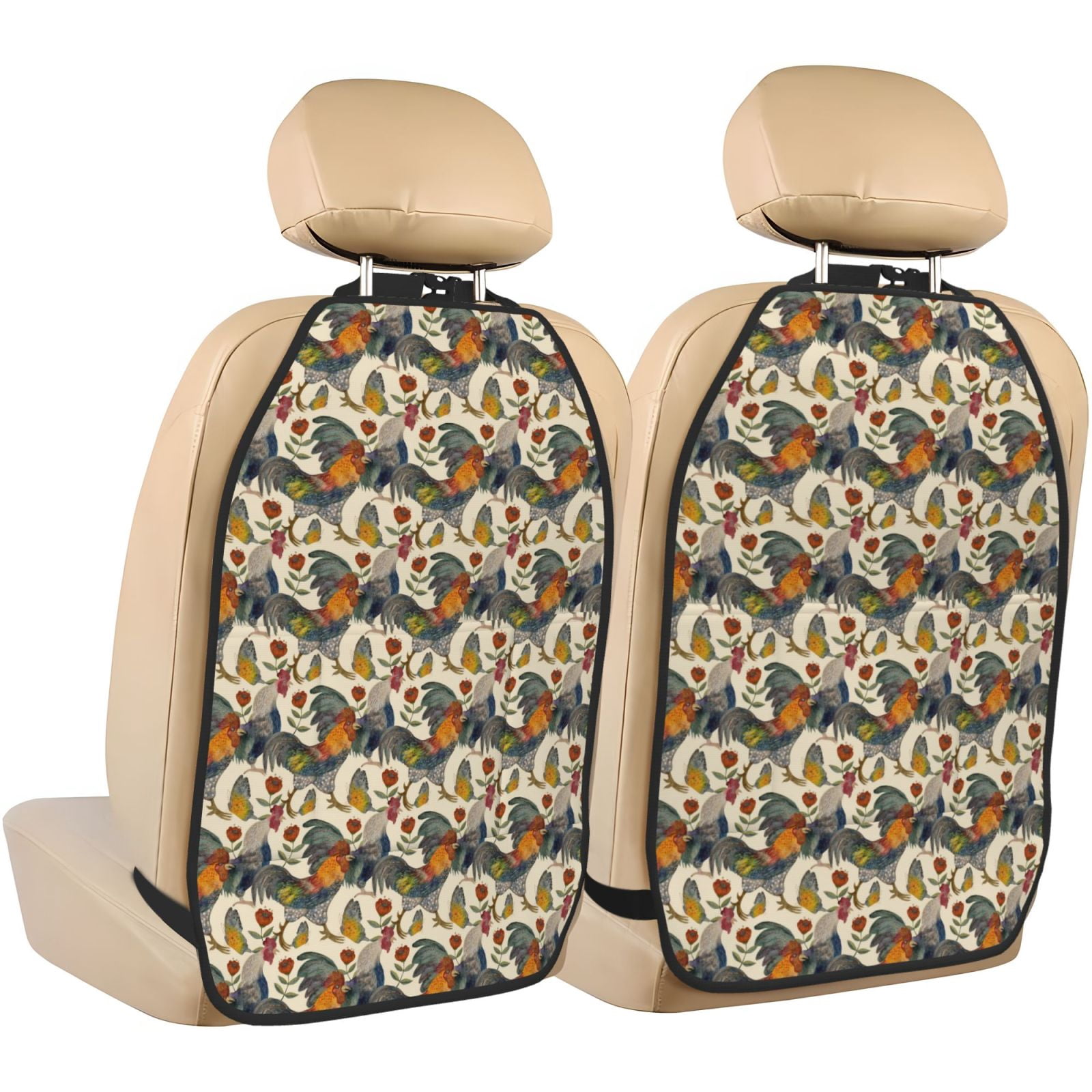 Kdxio Multi-Colored Roosters Print 2 Pack Car Kick Mat Seat Cover Back Protector Mat with Pockets for Organizer Backseat Protector and Storage Anti Kick Pad for Vehicles