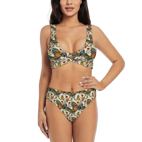 Kdxio Multi-Colored Roosters Print Women's 2 Piece High Waisted Wrap Spaghetti Strap Summer Swimsuit Bikini Set-XX-Large