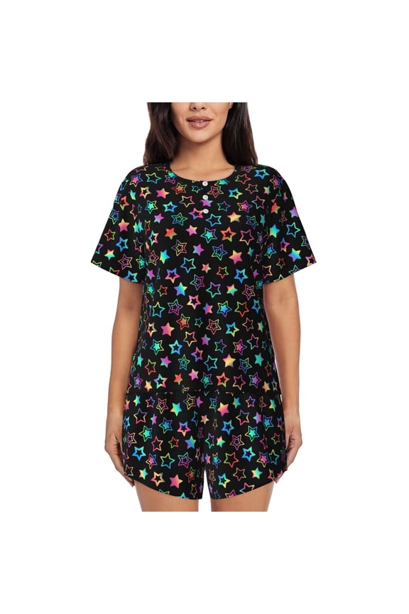 Multi-Colored Stars Print Pajamas Sets for Women Short-Sleeved Pjs with Lounge Shorts Two Piece Sleepwear S-4XL