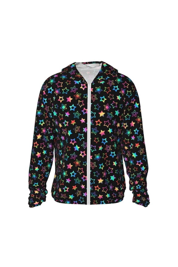 Multi-Colored Stars Print Women Men Sun Protection UPF 50+ Jackets Zip Up Long Sleeve Hoodie Hiking Lightweight with Pockets