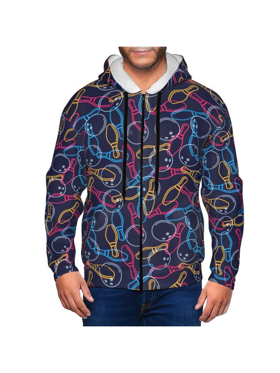 Multicolor Bowling Print Men Hoodies Casual Hoodies for Men with Zip Pockets Full Zip Long Sleeve Sweatshirt Sports Hooded Jacket-Large