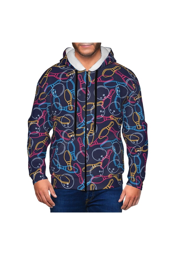 Multicolor Bowling Print Men Hoodies Casual Hoodies for Men with Zip Pockets Full Zip Long Sleeve Sweatshirt Sports Hooded Jacket-Large