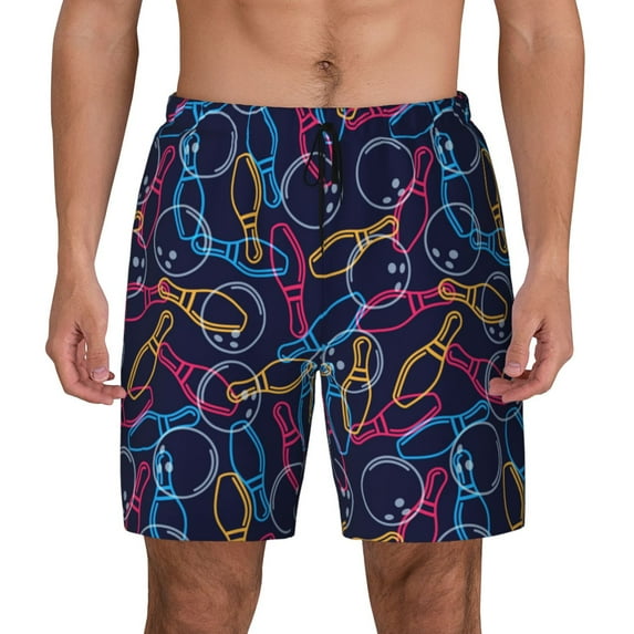 Kdxio Multicolor Bowling Print Men's Swim Trunks with Compression Liner 7 Inch Inseam Quick Dry Swim Shorts