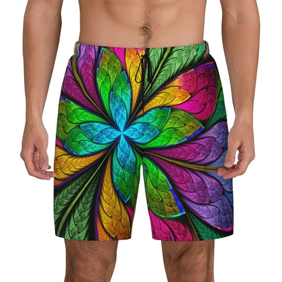 Kdxio Multicolored Beautiful Flower Print Men's Swim Trunks with Compression Liner 7 Inch Inseam Quick Dry Swim Shorts