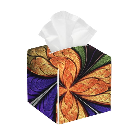 Kdxio Multicolored Beautiful Flower1 Print Tissue Box Cover,Square Decorative PU Leather Facial Paper Case Organizer Holder Dispenser for Bathroom,Night Stands,Desk,Car 5.2''X5.2''X5.2''