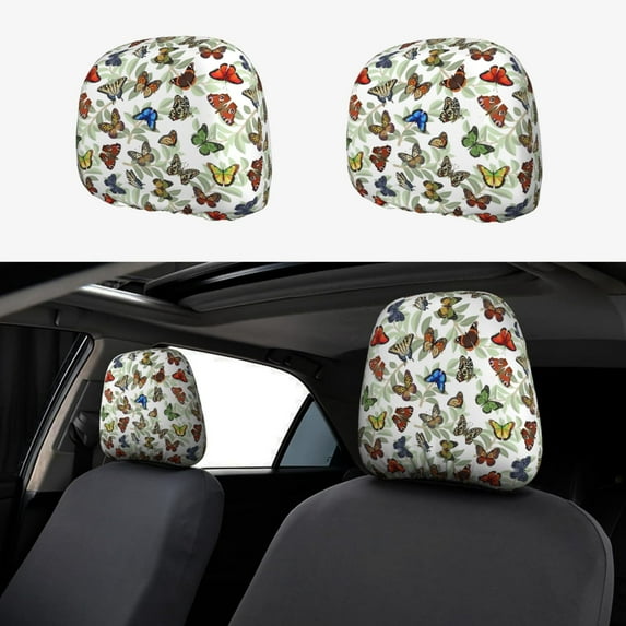 Kdxio Multicolored Butterflies Pattern Print 2 Piece Car Head Rest Covers Set Auto Front/Rear Seats Headrest Cover Universal Fit Most Cars,Sedan, SUV