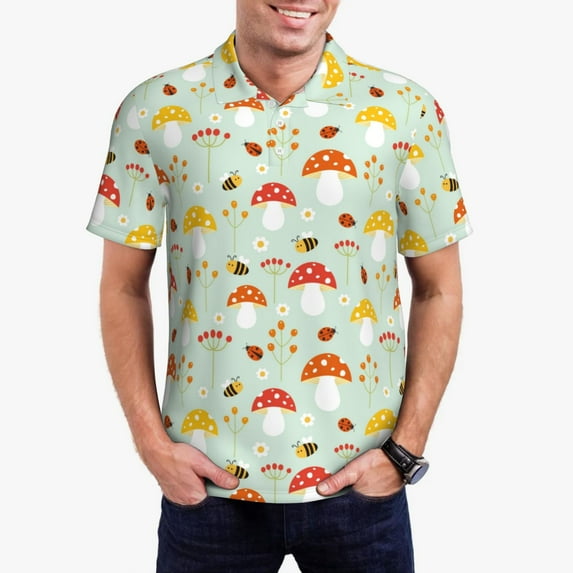 Kdxio Mushroom Bee Print Men's Short Sleeve Polo Shirt,Midweight Men's Shirt