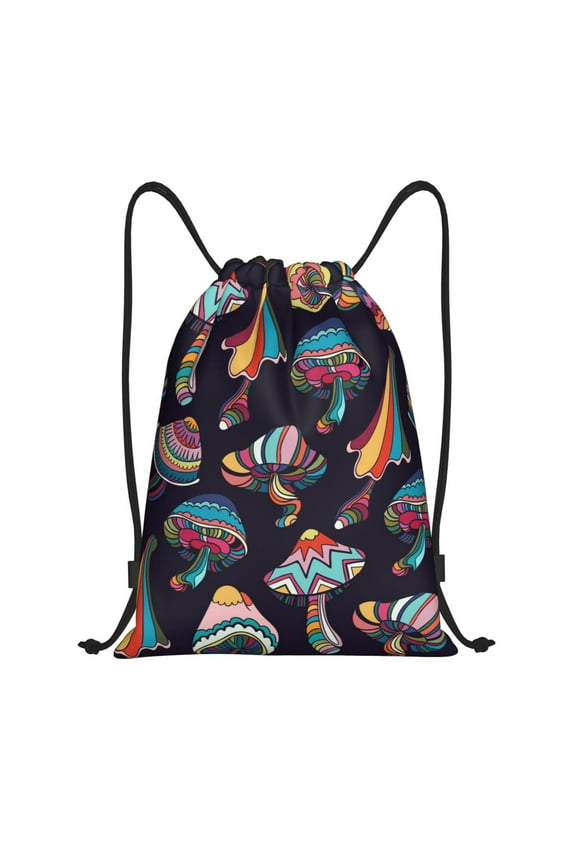 Mushroom Doodle Print Drawstring Backpack Bag,Waterproof Draw String Back Sack, Gym Drawstring Bags Swim Bag For Unisex