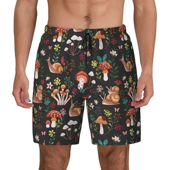 Kdxio Mushroom Snail Print Men's Swim Trunks with Compression Liner 7 Inch Inseam Quick Dry Swim Shorts