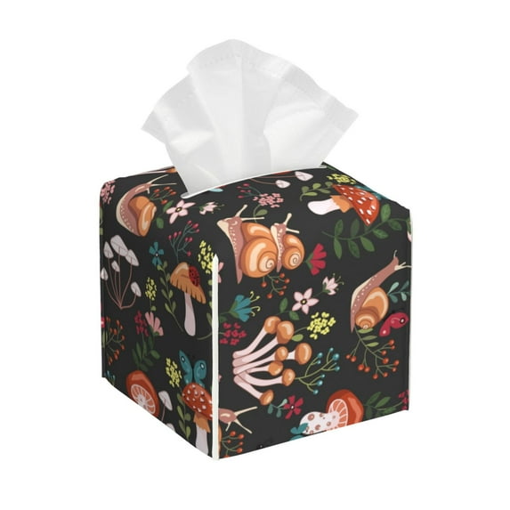 Kdxio Mushroom Snail Print Tissue Box Cover,Square Decorative PU Leather Facial Paper Case Organizer Holder Dispenser for Bathroom,Night Stands,Desk,Car 5.2''X5.2''X5.2''