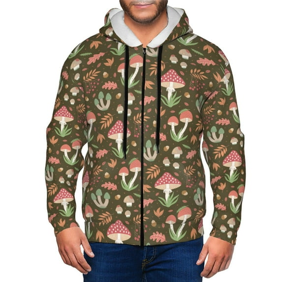 Kdxio Mushrooms And Autumn Leaves Print Men Hoodies Casual Hoodies for Men with Zip Pockets Full Zip Long Sleeve Sweatshirt Sports Hooded Jacket-3X-Large