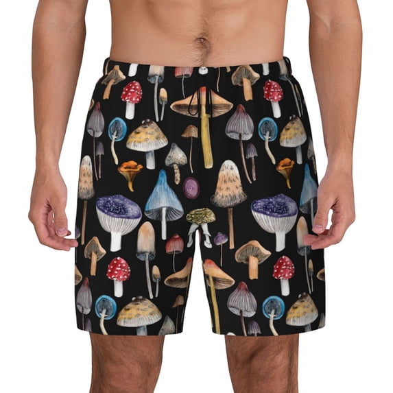 Kdxio Mushrooms And Autumn Leaves Print Men'S Swim Trunks With Compression Liner 7 Inch Inseam Quick Dry Swim Shorts