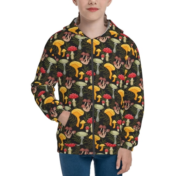 Kdxio Mushrooms And Fern Stems Pattern Kids Boys Girls Zip Up Hoodie 3D Printed Hooded Sweatshirt Hoody Coat with Pocket 7-12 Y-Medium