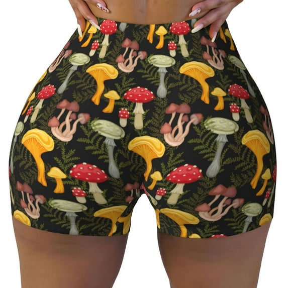 Kdxio Mushrooms And Fern Stems Print Workout Shorts for Women Seamless Soft Smooth Gym Yoga Scrunch Active Shorts