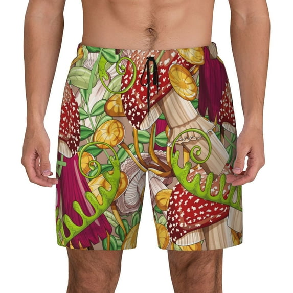 Kdxio Mushrooms And Leaves Print Men'S Swim Trunks With Compression Liner 7 Inch Inseam Quick Dry Swim Shorts