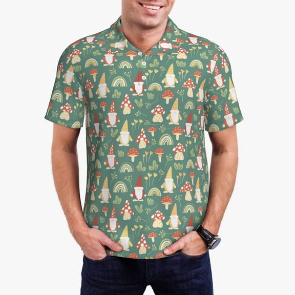 Kdxio Mushrooms Gnome Print Men's Short Sleeve Polo Shirt,Midweight Men's Shirt