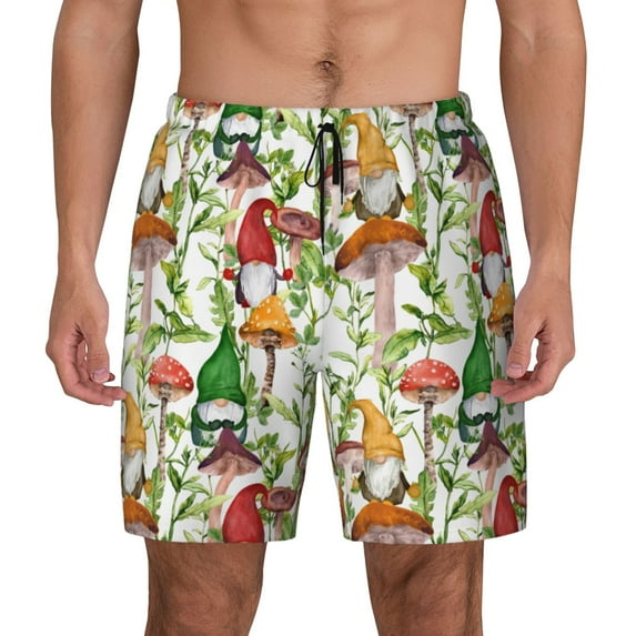 Kdxio Mushrooms Gnomes Print Men'S Swim Trunks With Compression Liner 7 Inch Inseam Quick Dry Swim Shorts